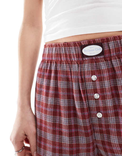 Cotton On - Kirsebærrøde boyfriend-boksershorts i flonel med marineblå tern, 4 af 4