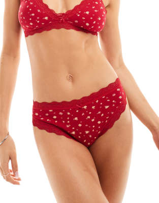 Cotton On - Knappe Unterhose aus Pointelle in Kirschrot mit Spitze und Gänseblümchenprint