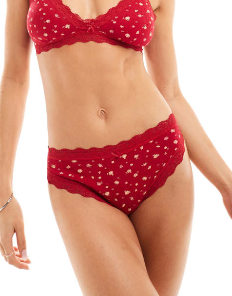Cotton On – Knappe Unterhose aus Pointelle in Kirschrot mit Spitze und Gänseblümchenprint - view 1
