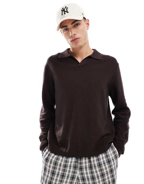 Cotton On knit long sleeve polo top in brown - view 1