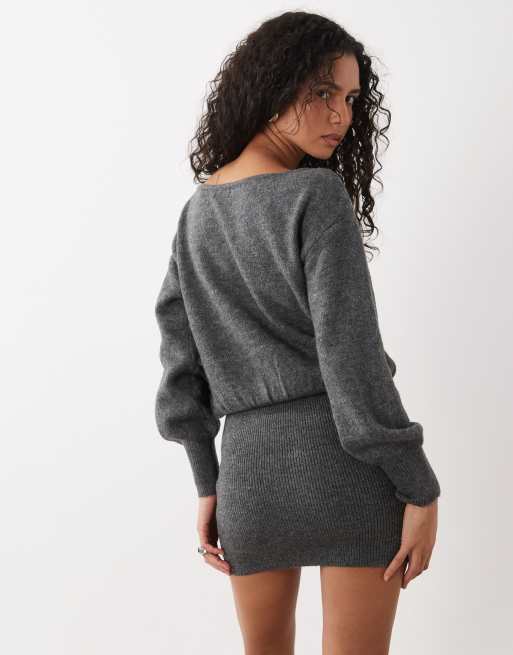Cotton On knit tunic long sleeve off shoulder dress in charcoal marle, 2 of 4