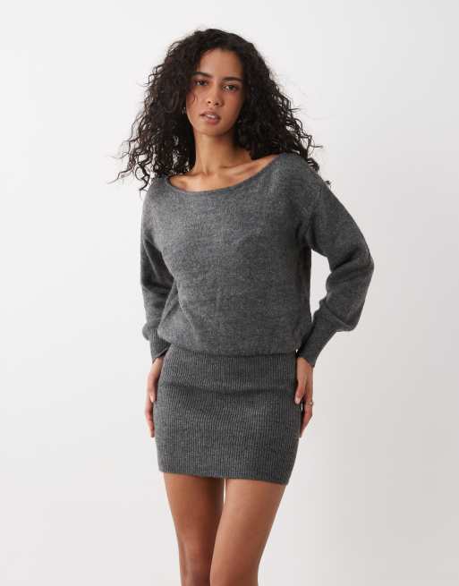 Cotton On knit tunic long sleeve off shoulder dress in charcoal marle, 4 of 4