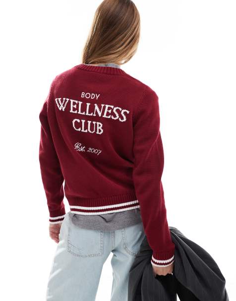 Cotton On knitted graphic crew jumper in deep red - view 1