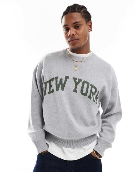 Cotton On knitted jumper in grey with New York graphic ASOS