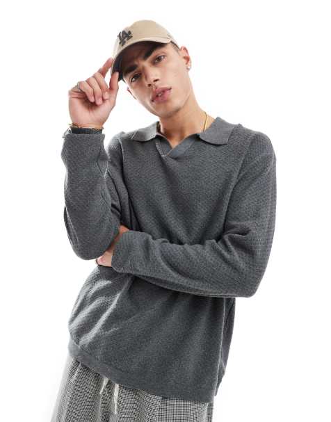 Cotton On knitted long sleeve collar lightweight top in charcoal - view 1