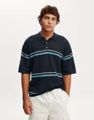 Cotton  On Knitted polo in navy stripe 