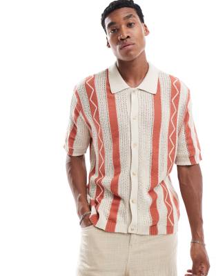 Cotton On knitted short sleeve shirt in natural stripe-Neutral