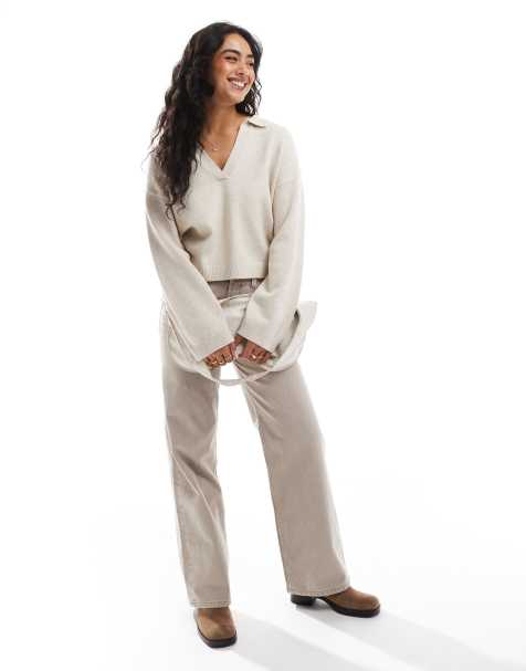 Cotton On knitted v neck polo sweater in stone - view 1