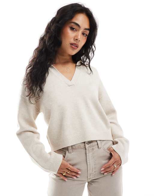 Cotton On knitted v neck polo sweater in stone, 2 of 4