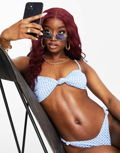 Cotton On knot front bandeau bikini top co ord in gingham - view 1