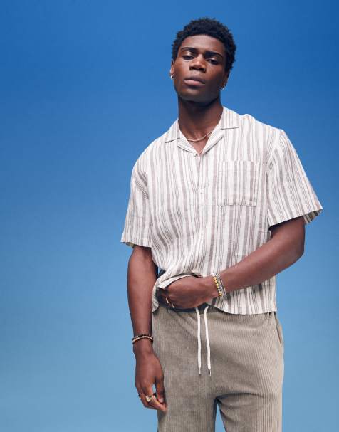 Cotton On linen box fit short sleeve shirt in cream stripe