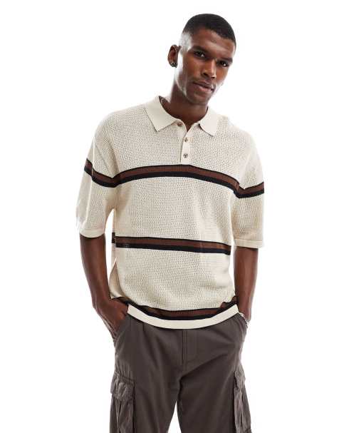 Cotton On – Koszulka polo z cienkiej dzianiny w kolorze naturalnym z paskami - view 1