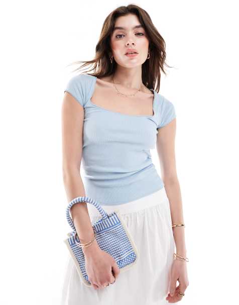 Cotton On – Kurzärmliges Oberteil in Blau mit Picot-Besatz - view 1