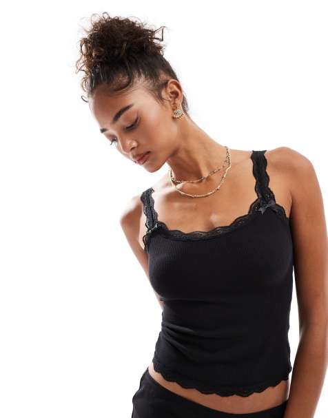 Cotton On lace edge waffle sleep cami co-ord in black - view 1