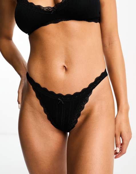 Cotton On lace trim cotton thong with bow 