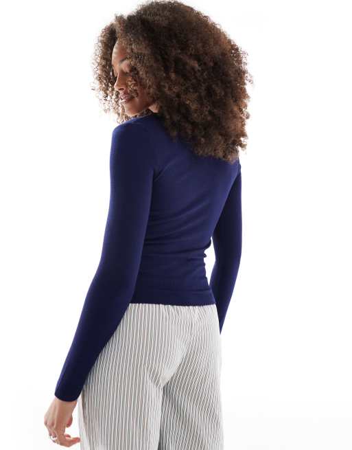 Cotton On lace trim long sleeve waffle sleep top in navy, 2 of 4