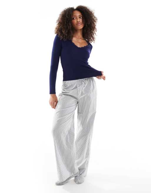 Cotton On lace trim long sleeve waffle sleep top in navy, 3 of 4