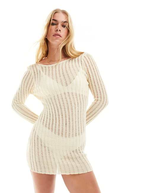 Cotton On ladder knit long sleeve mini dress in ecru | ASOS