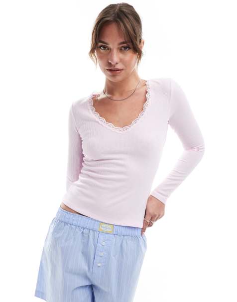 Cotton On – Langärmliges Pyjama-Oberteil in Rosa mit Waffelstruktur und Spitzenborte - view 1