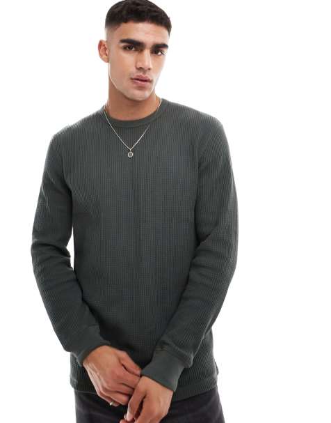 Cotton On – Langärmliges Shirt in Army-Grün mit grober Waffelstruktur - view 1