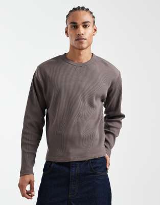 Langärmliges, strukturiertes Oversize-Shirt in verwaschenem Schokobraun mit kastigem Schnitt-Brown Brown 2XL