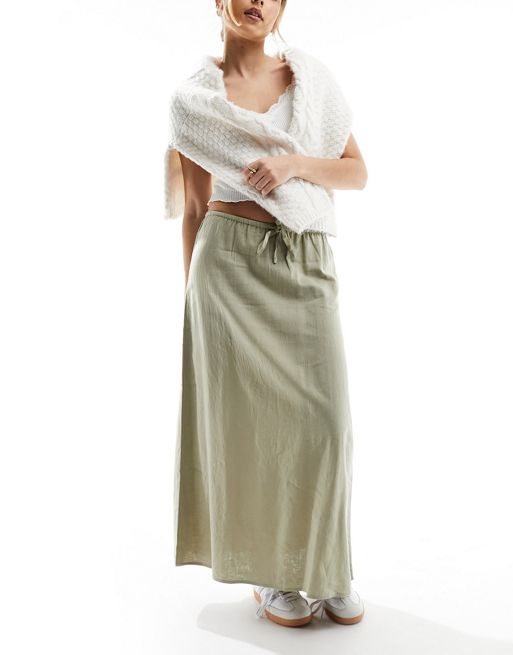 Cotton On - Lange rechte rok van linnen in saliegroen 