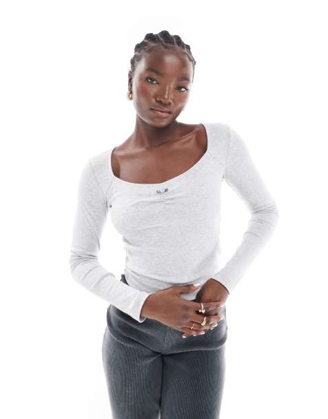 Cotton On - Langærmet og grå croptop med firkantet hals - view 1