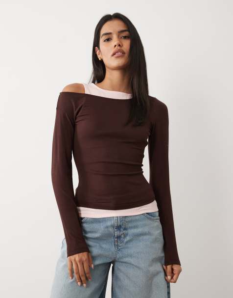 Cotton On layered long sleeve top in dark oak pink - view 1