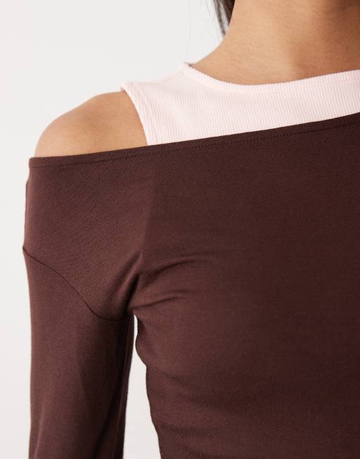 Cotton On layered long sleeve top in dark oak pink, 3 of 4