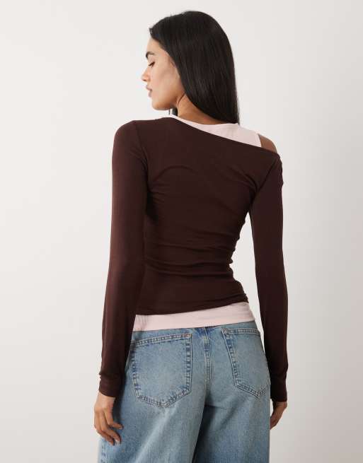 Cotton On layered long sleeve top in dark oak pink, 4 of 4