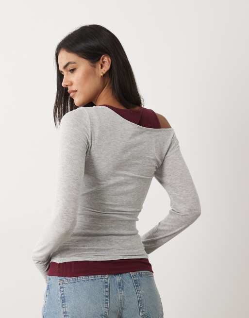 Cotton On layered long sleeve top in grey brown, 3 of 4