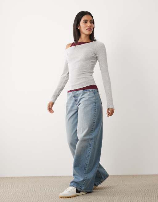 Cotton On layered long sleeve top in grey brown, 4 of 4