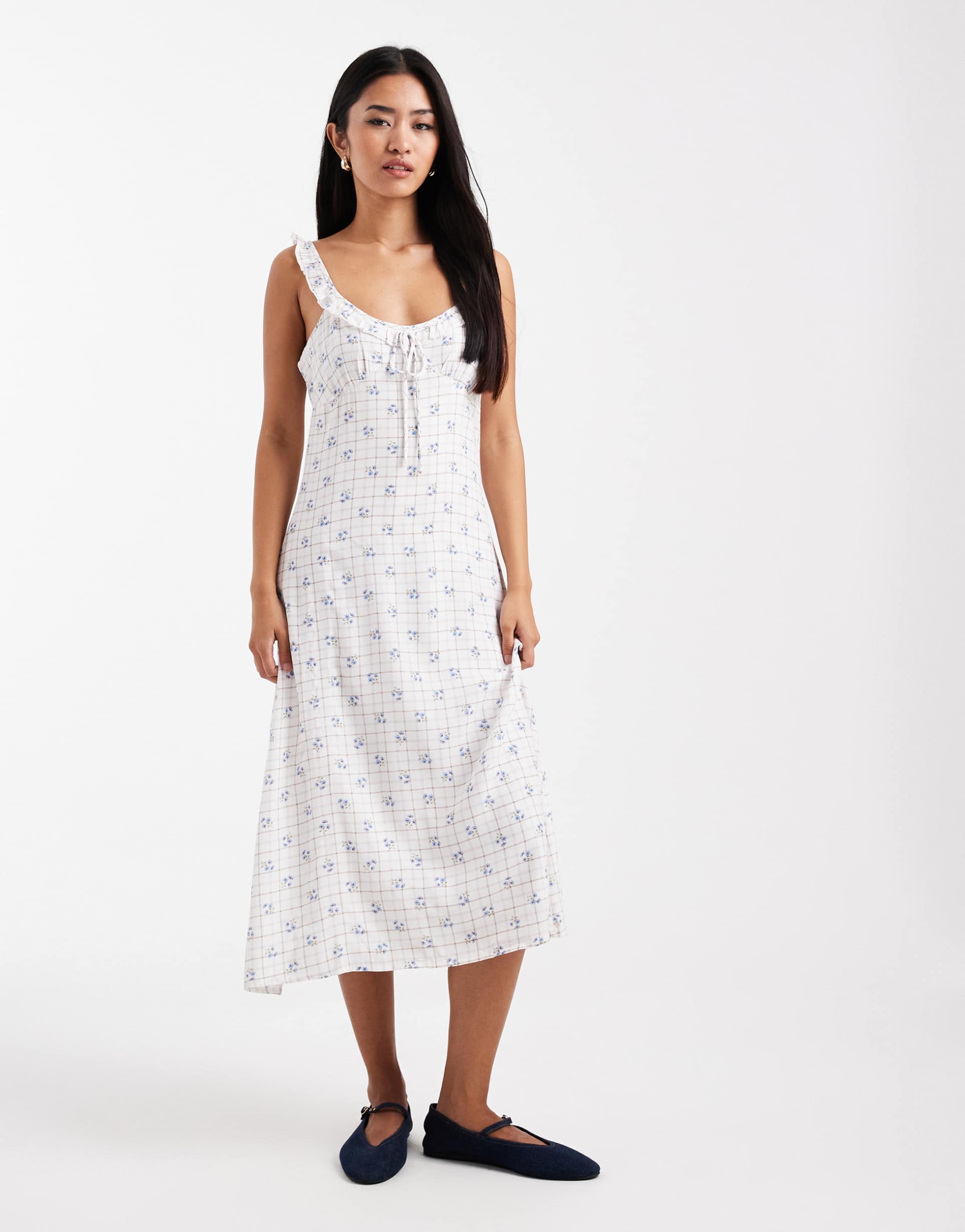 cotton on layla frill midi dress in daisy walnut floral