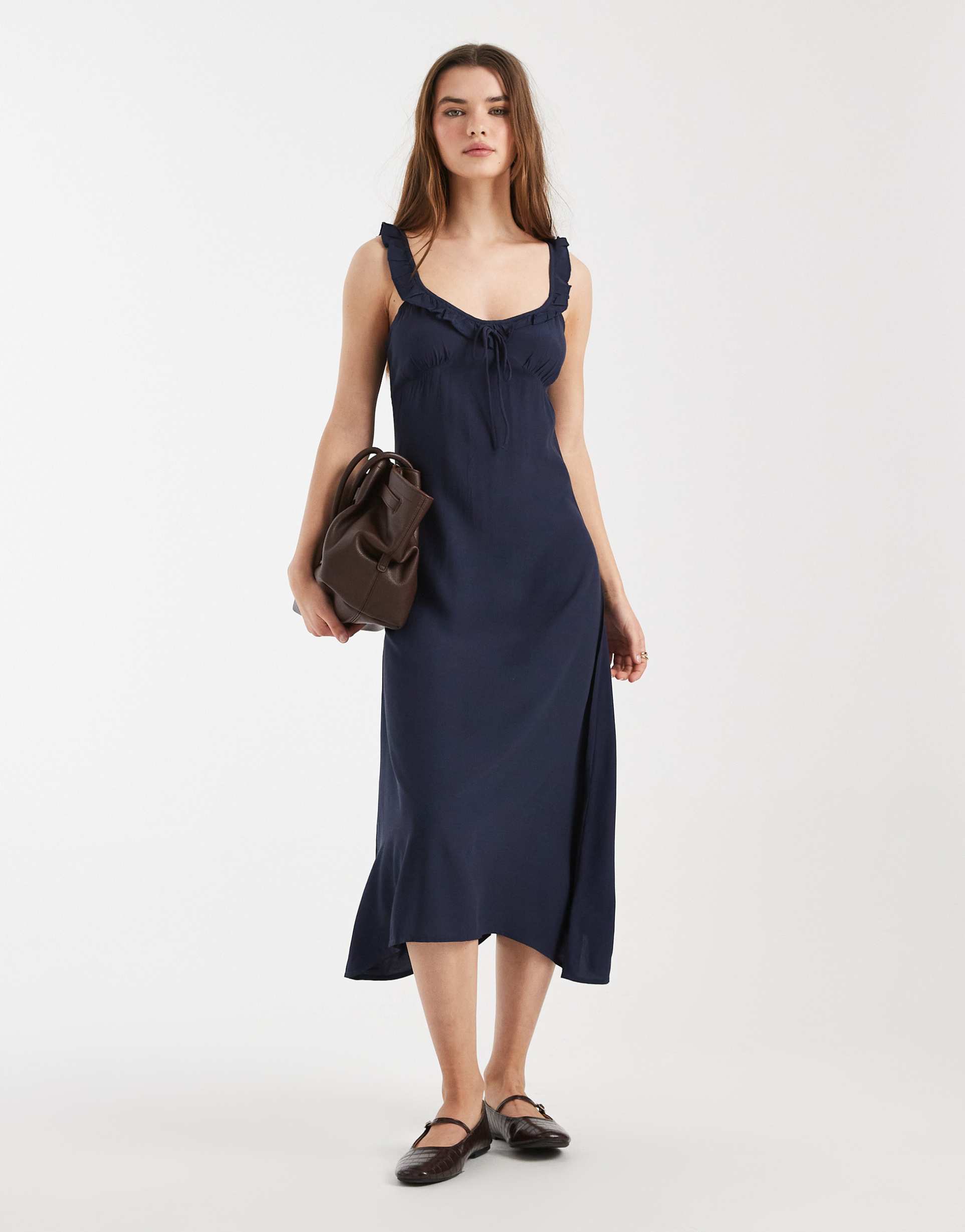 cotton on layla frill trim midi dress in winter night navy blue