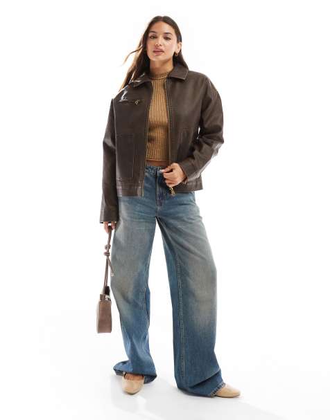 Cotton On leo faux leather jacket in washed brown - view 1