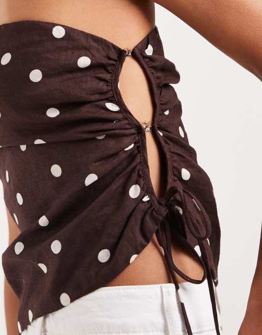 Cotton On linen asymmetric shoulder top in dark oak polka dot, 4 of 4