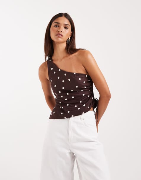 Cotton On linen asymmetric shoulders top in dark oak polka dots - view 1