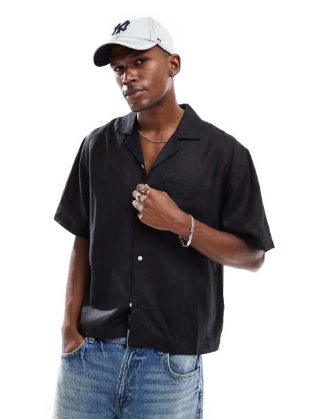 Cotton On linen boxy fit shirt in black - view 1