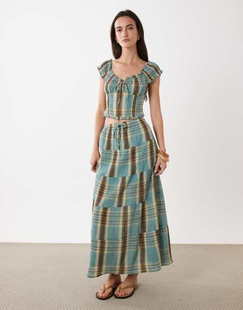 Cotton On linen haven maxi skirt in sunny check co-ord - view 1