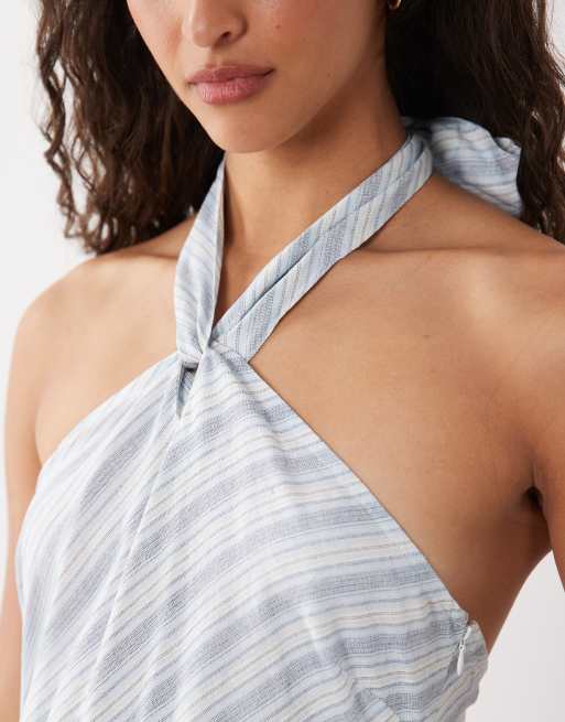Cotton On linen look halterneck dress in blue stripe, 2 of 4