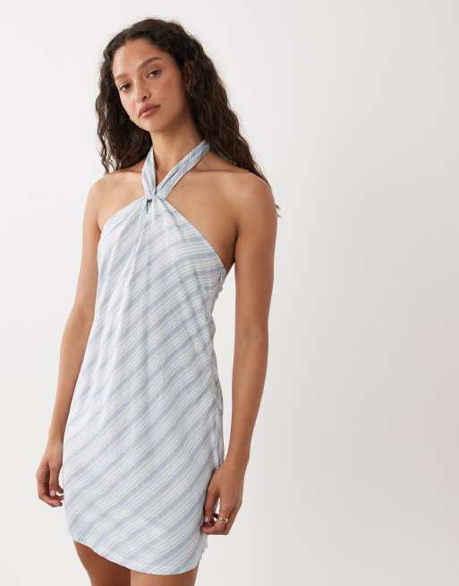 Cotton On linen look halterneck dress in blue stripe, 3 of 4