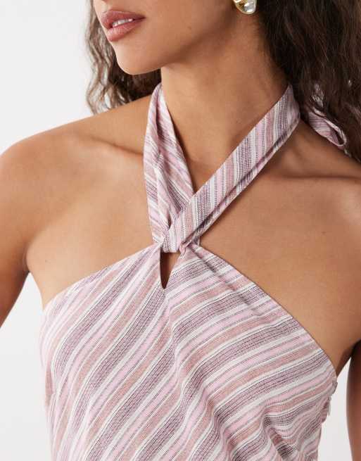 Cotton On linen look halterneck dress in pink stripes, 3 of 4