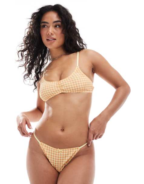 Cotton On lingerie thong in coral yellow check - view 1