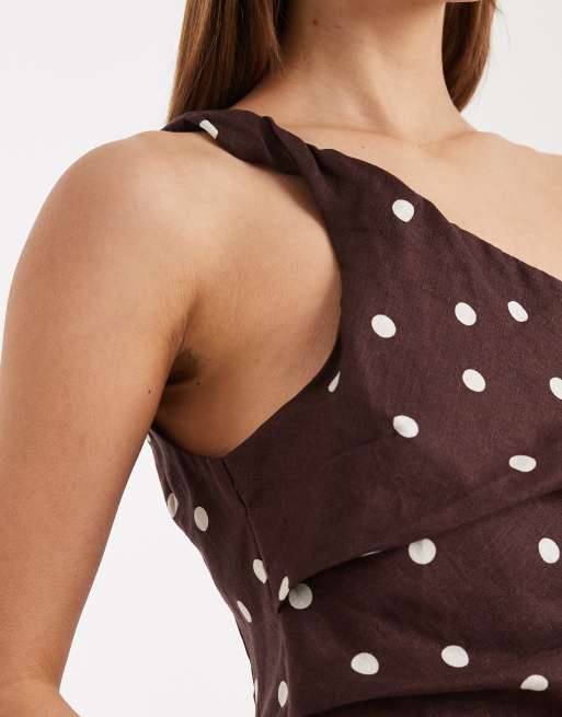 Cotton On - Linnen mini jurk met blote schouder en stippen in donker eikenbruin, 4 van 4