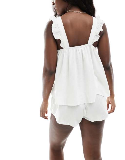 Cotton On - Linnen pyjamaset met hemdje en short met ruches in wit , 3 van 4