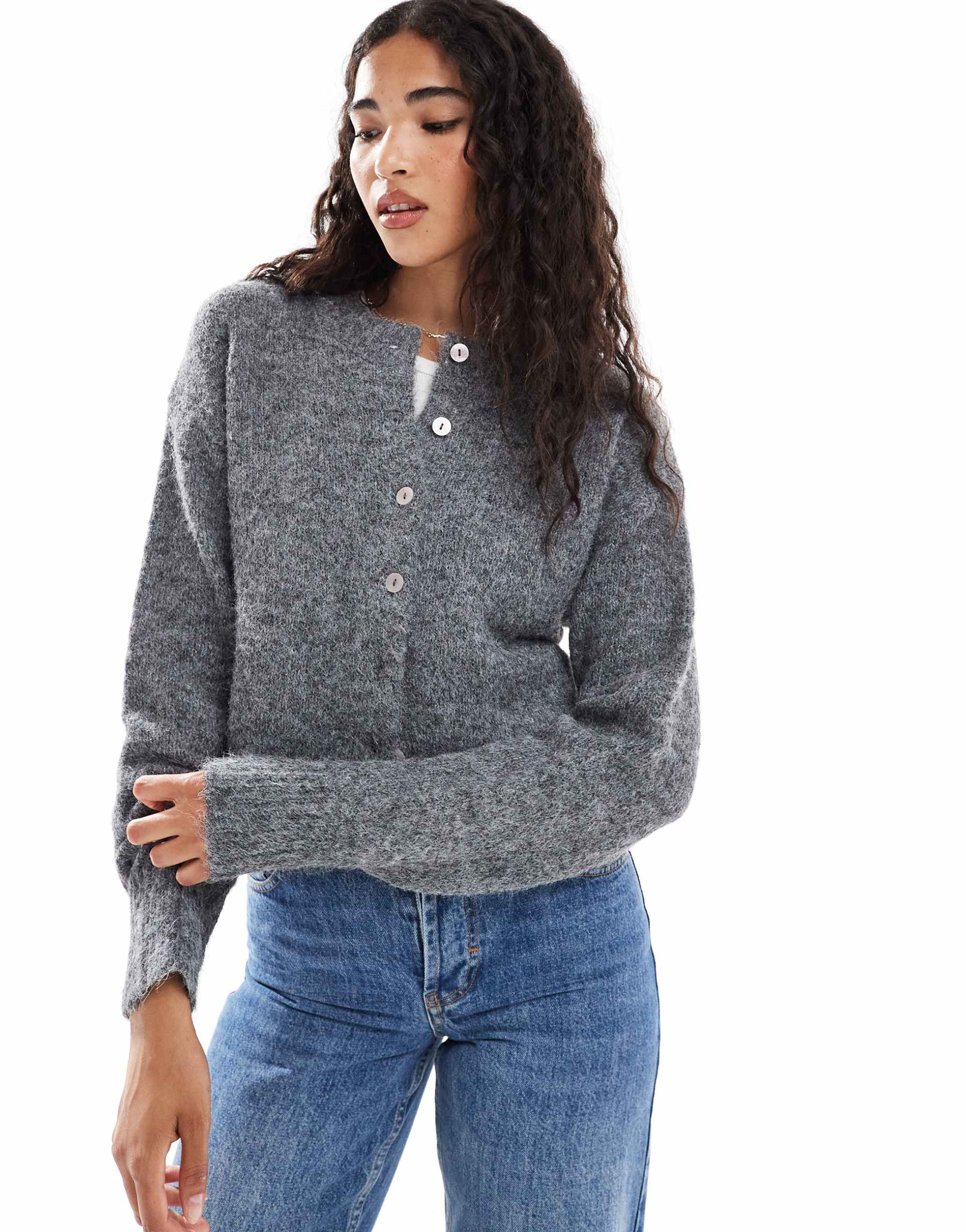 cotton on lofty luxe crew neck cardigan in heathered charcoal
