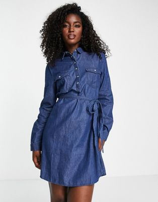 Cotton: On long sleeve belted denim shirt dress in blue