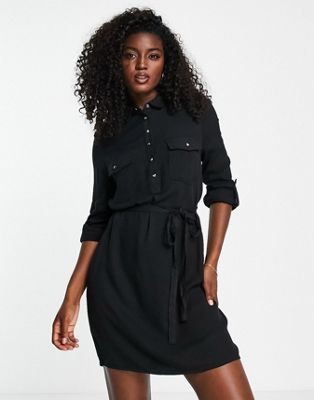 Cotton: On long sleeve belted shirt dress in black