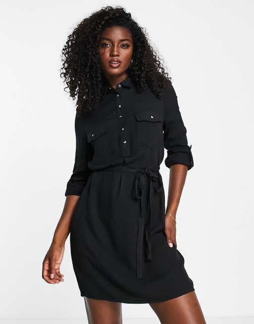 Cotton On long sleeve belted shirt dress in black ASOS