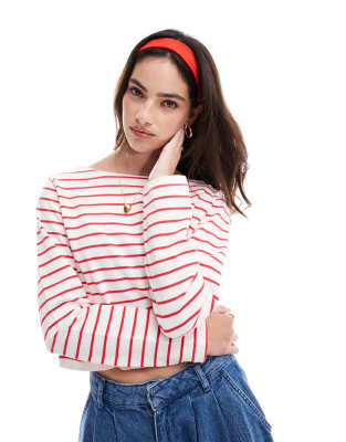 Cotton:on Cotton On Long Sleeve Boat Neck Crop Top In Red Stripe-multi